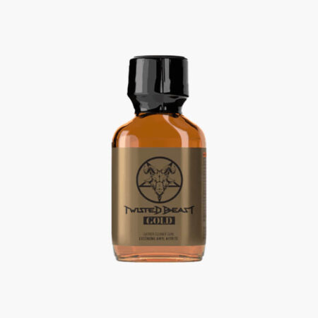 Twisted Beast Gold poppers in amber glass bottle with black cap, featuring metallic gold label with goat head pentagram logo