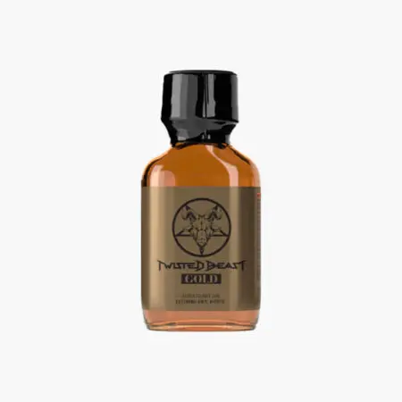 Twisted Beast Gold poppers in amber glass bottle with black cap, featuring metallic gold label with goat head pentagram logo