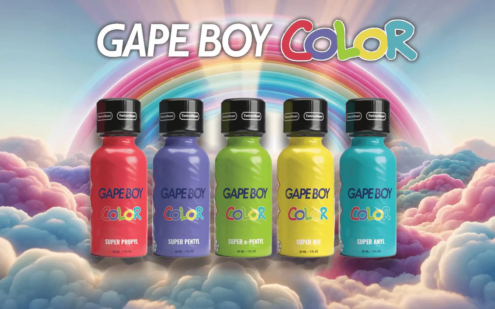 Gape Boy Color Poppers collection in vibrant bottles, featuring Super Propyl, Super Pentyl, Super n-Pentyl, Super Mix, and Super Amyl varieties with a rainbow and cloud background, by Twisted Beast